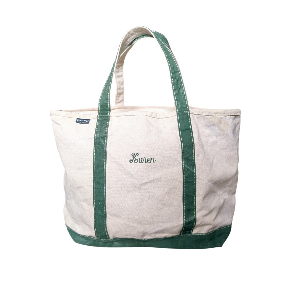 Lands End Vintage 90s Heavy Duty Coastal Green Large Karen Monogrammed Boat Tote